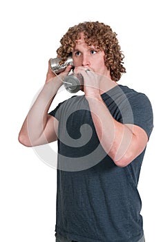 Man using tin can phone