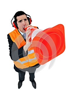 Man using a traffic cone