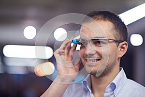 Man using virtual reality gadget computer glasses