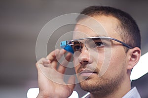 Man using virtual reality gadget computer glasses