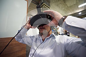 Man using virtual reality gadget computer glasses