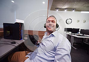 Man using virtual reality gadget computer glasses