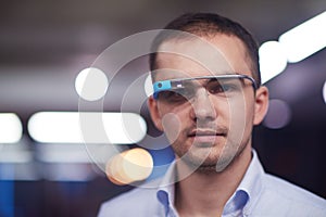 Man using virtual reality gadget computer glasses