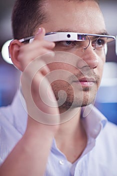 Man using virtual reality gadget computer glasses