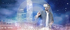 Man using virtual reality headset and getting in simulated futuristic world, banner design