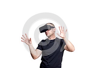 Man using virtual reality headset isolated on white blackground