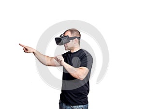 Man using virtual reality headset isolated on white blackground
