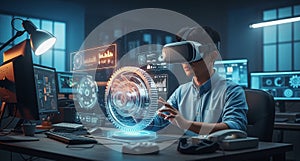 Man Using Virtual Reality Headset to Analyze Data