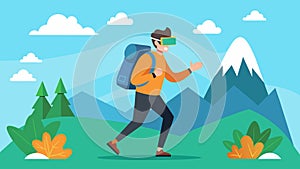 A man using virtual reality to go on a scenic hike during his workday.. Vector illustration. photo