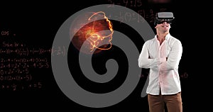 Man using VR headset exploring virtual math concepts with futuristic graphics