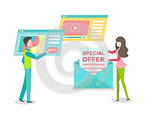 Man Using Website, Woman Opening Envelope Vector