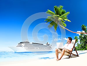 Man Vacation Working Summer Beach Concept