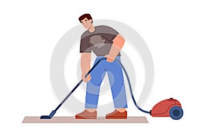Man vacuuming carpet or floor, flat vector illustration isolated on white background.