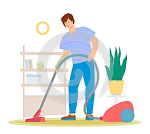 Man vacuuming carpet - modern colored vector illustration