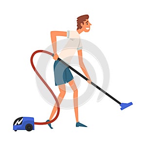 Man Vacuuming the Floor, Guy Doing Housework Vector Illustration