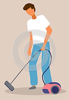 Man vacuuming icon, guy cleaning floor with vacuum cleaner, home activity during quarantine time