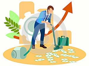 Man vacuuming money. In minimalist style Cartoon flat raster