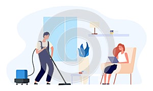 Man vacuums. Man cleans house illustration. Happy flat couple, daily routine vector concept