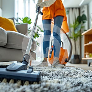 A man vacuums a fluffy carpet in a bright modern living room. Cleaning company.