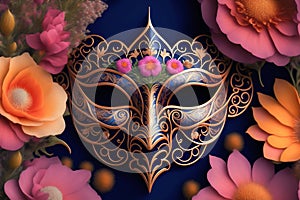 Man Venetian carnival mask whit flowers around and Blue background. Generative ai