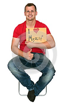 Man Very Happy With I Love Myself Sign