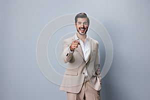 man victory business hand beige model suit arm businessman winner happy