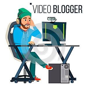 Man Video Blogger Vector. Gaming Stream Banner. Concept blogging. Video Streaming. Strategy Video Game. Flat Vector