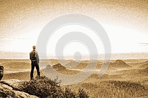 Man on view place on mountain  in Saechsische Schweiz