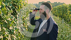 Man on vineyard with special instrument