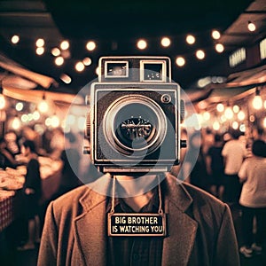 Man with Vintage Camera Head - Surveillance Dystopia. Generative AI