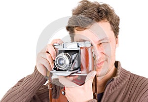 Man with vintage photo camera photo