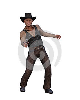 3D illustration of a wild west cowboy man with pistol aimed at the viewer isolated on white photo