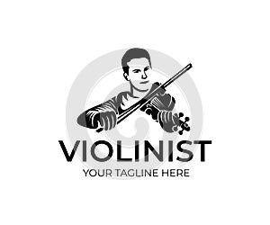 Man violinist playing violin, logo design. Musical instrument, music school, music and symphony orchestra, vector design