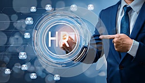 man and virtual button with the abbreviation HR