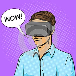 Man and virtual reality device comic book vector