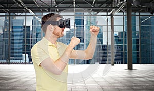 Man in virtual reality headset or 3d glasses