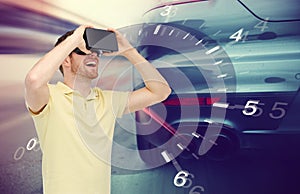 Man in virtual reality headset and car racing game