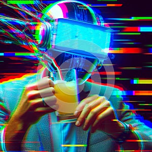 Man with virtual reality headset and a glass of orange juice.