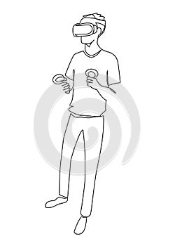 Man in virtual reality headset and motion controller continuous line vector illustration