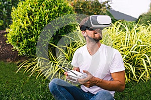 A man in a virtual reality helmet