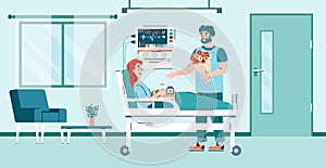 Man visits convalescent patient in a hospital room, cartoon vector illustration. photo