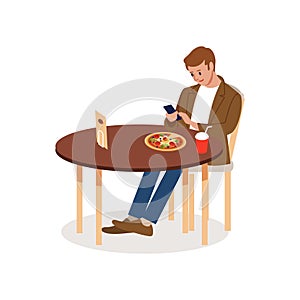 A man Visits a pizzeria Making an Order. Full length profile shot of a man looking at a smartphone at a table isolated