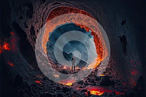 man in volcano eruption and lava tunnel