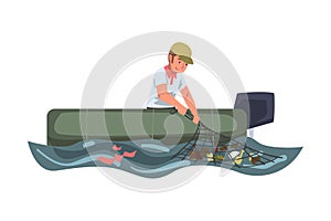 Man Volunteer in Boat Collecting Garbage in Sea, River or Lake, Ecology Protection Concept Cartoon Vector Illustration