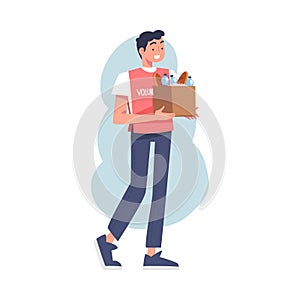 Man Volunteer Character Holding Cardboard Box with Food Giving Humanitarian Aid and Help to Poor Vector Illustration