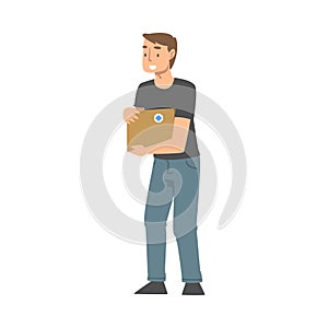 Man Volunteer with Food Box Engaged in Charity Activity Donating It to Needy Vector Illustration