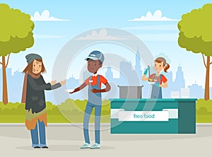 Man Volunteer Giving Free Food to Homeless Woman Vector Illustration