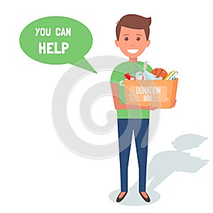 Man Volunteers with donation boxes on white. Vector Illustration.