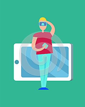 Man in VR Glasses and Big Device Icon Color Poster