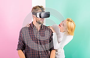 Man VR glasses enjoy video game. Girl happy he like her gift. Gift ideas for men. Make him happy gift him virtual